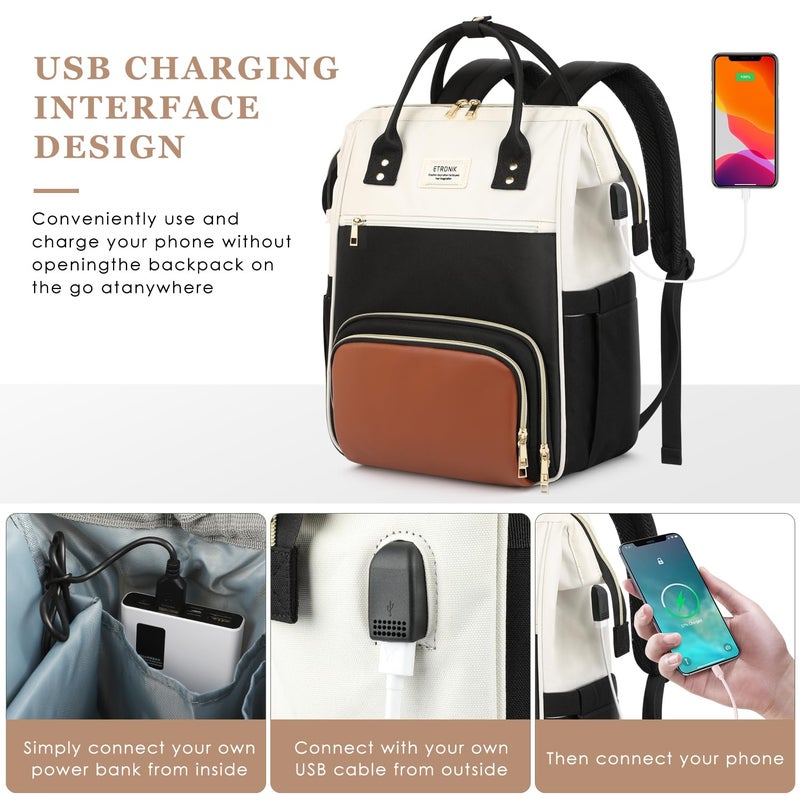 ETRONIK Lunch Backpack  17.3 Inch Laptop Backpack with USB Port  Stylish Nurse  Teacher Work Bag with Insulated Cooler Lunch Box for Women Men/Travel  Black-Beige-Brown - Image 5